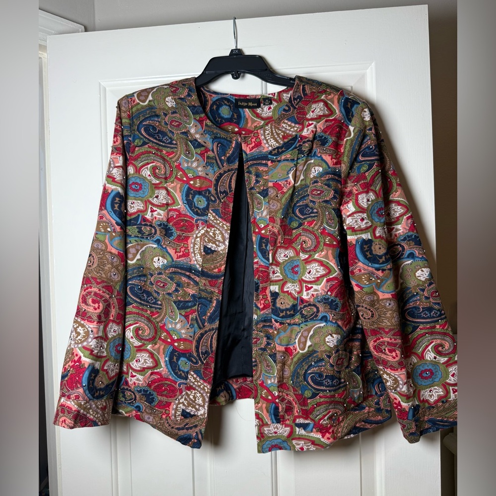 Indigo Moon colorful paisley pattern and beaded embellishments blazer